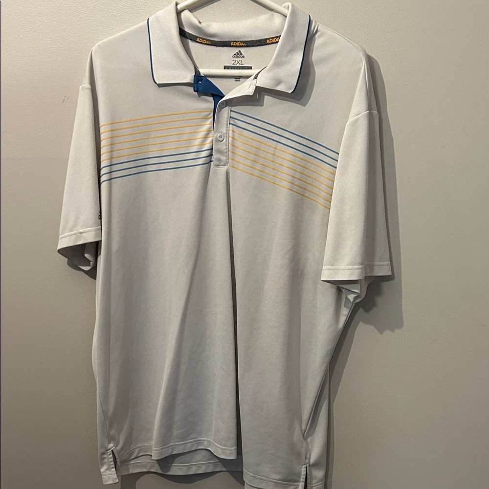Adidas Men's Polo Shirt in White with Blue and Yellow Accents